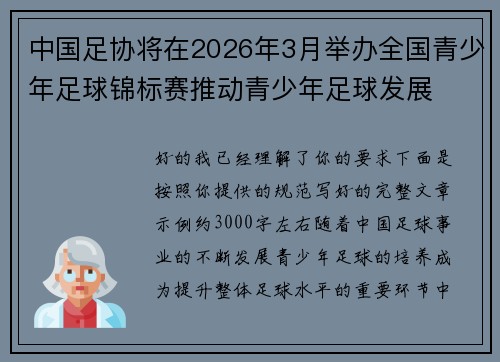 中国足协将在2026年3月举办全国青少年足球锦标赛推动青少年足球发展 中国足协将在2026年3月举办全国青少年足球锦标赛推动青少年足球发展