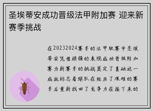 圣埃蒂安成功晋级法甲附加赛 迎来新赛季挑战