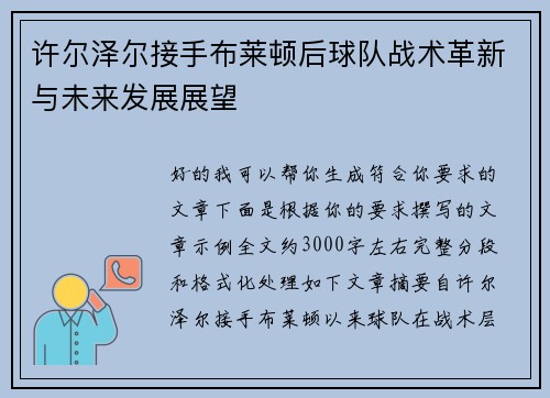 许尔泽尔接手布莱顿后球队战术革新与未来发展展望 许尔泽尔接手布莱顿后球队战术革新与未来发展展望