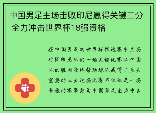 中国男足主场击败印尼赢得关键三分 全力冲击世界杯18强资格 中国男足主场击败印尼赢得关键三分 全力冲击世界杯18强资格